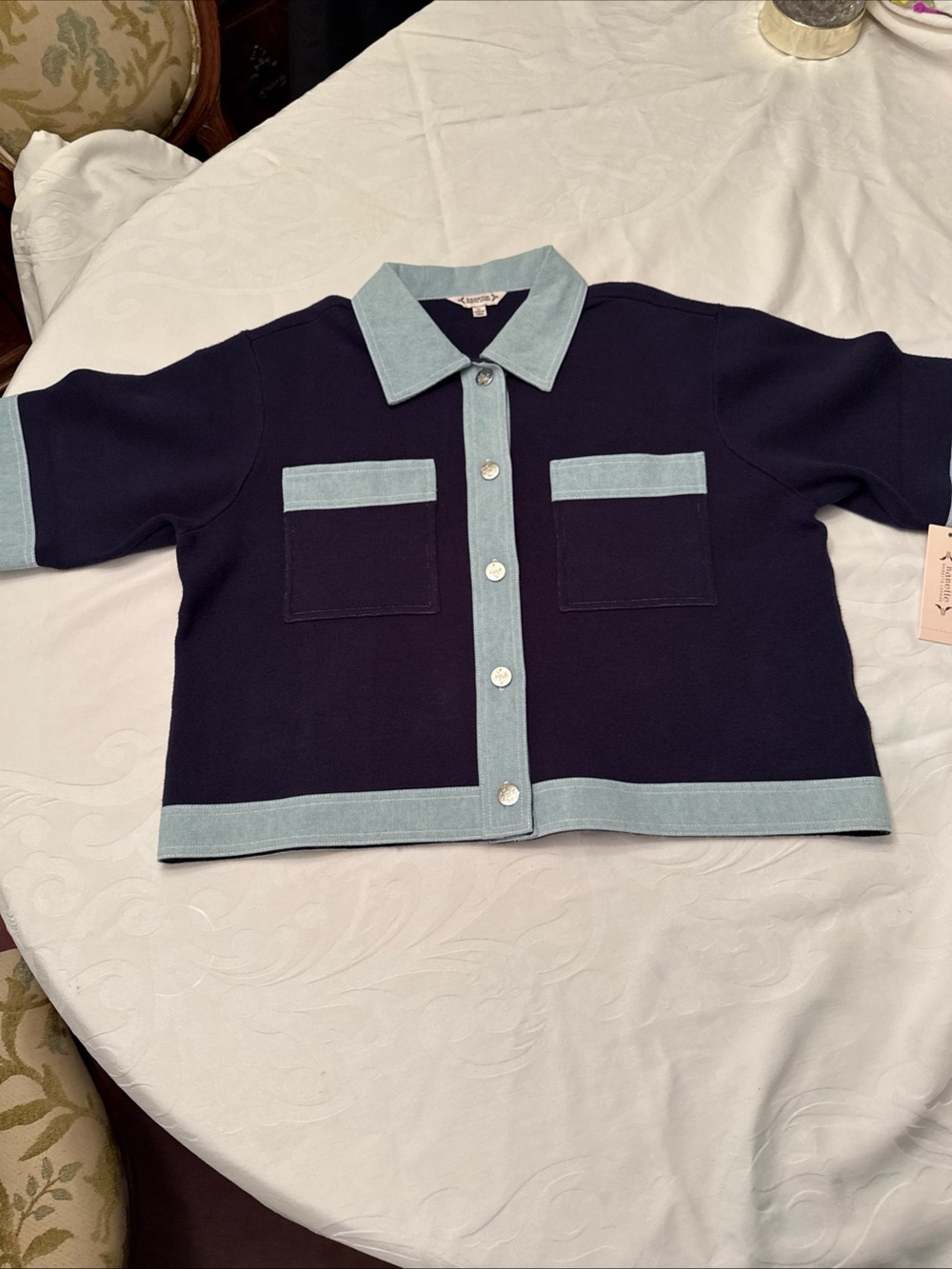 NWT Nanette Lepore Navy Cardigan with Light Blue Trim XL